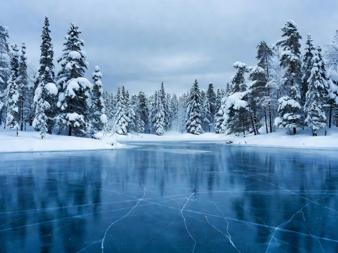 Deep blue frozen lake bordered by thick snow-covered taiga woodland