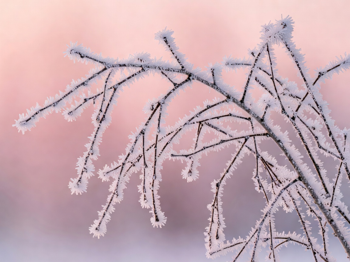 Delicate birch twigs coated in thick winter hoarfrost with soft pink background light