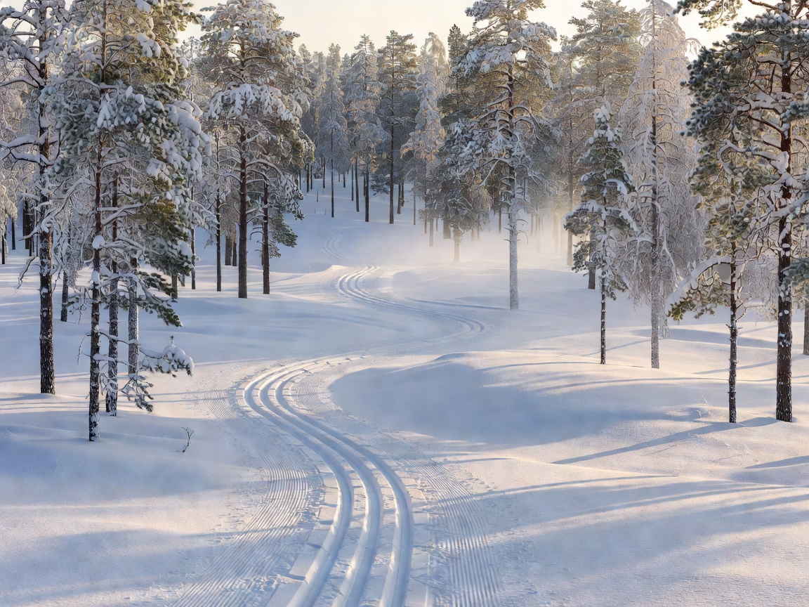 Groomed cross-country ski tracks winding through deep snow and frozen pine trees