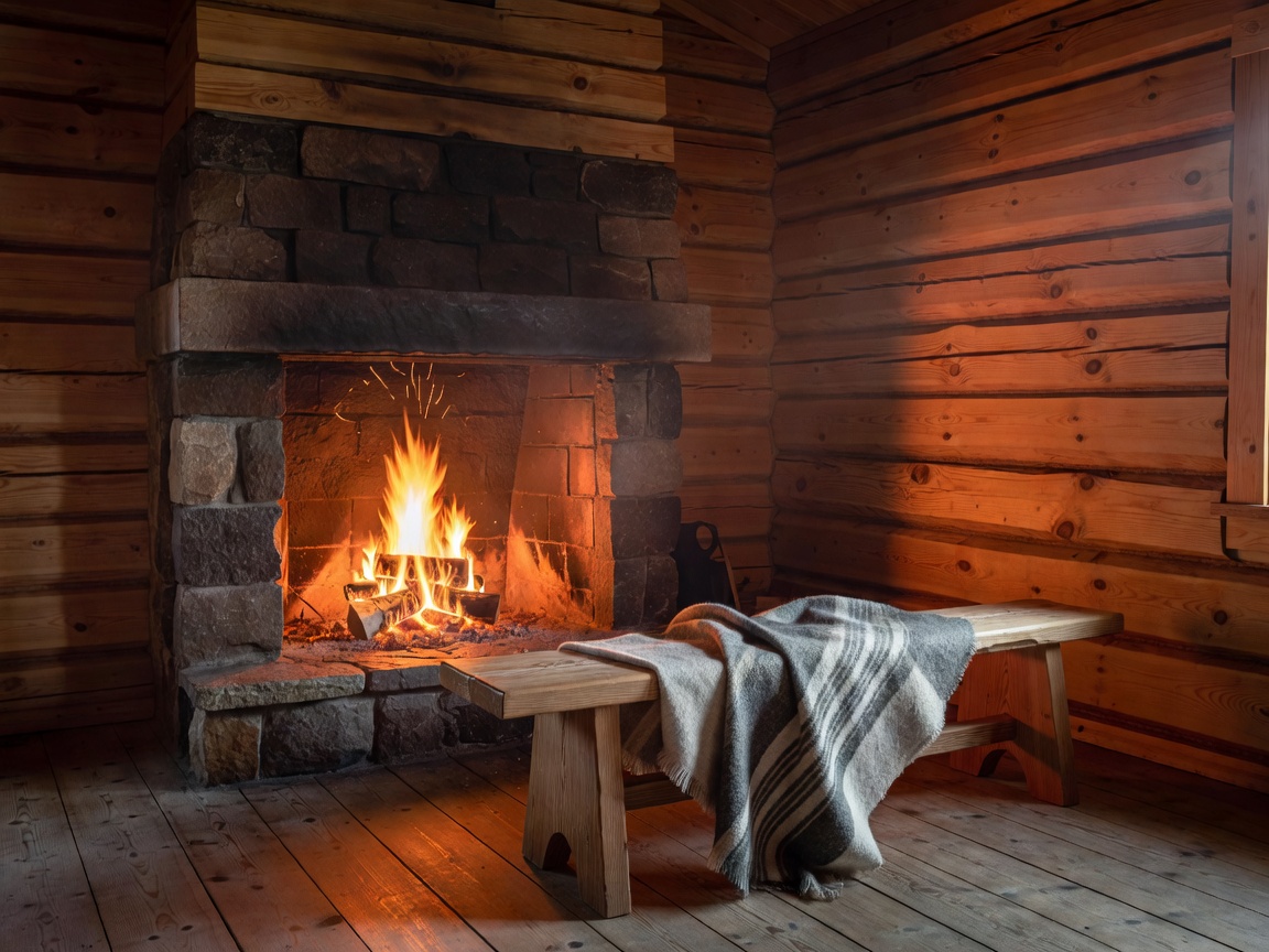 Interior of an authentic Finnish log cabin with crackling soapstone fireplace and warm timber walls