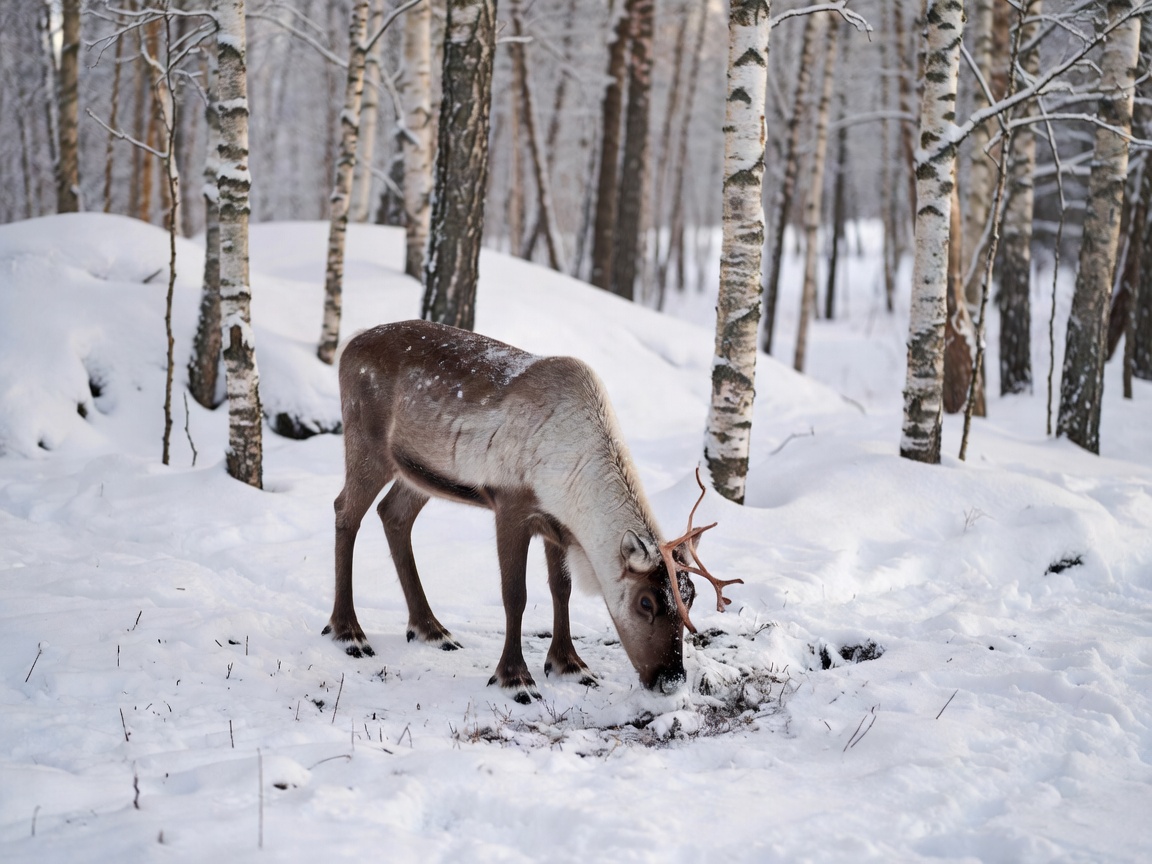 Reindeer grazing peacefully by clearing snow with hooves in a birch forest