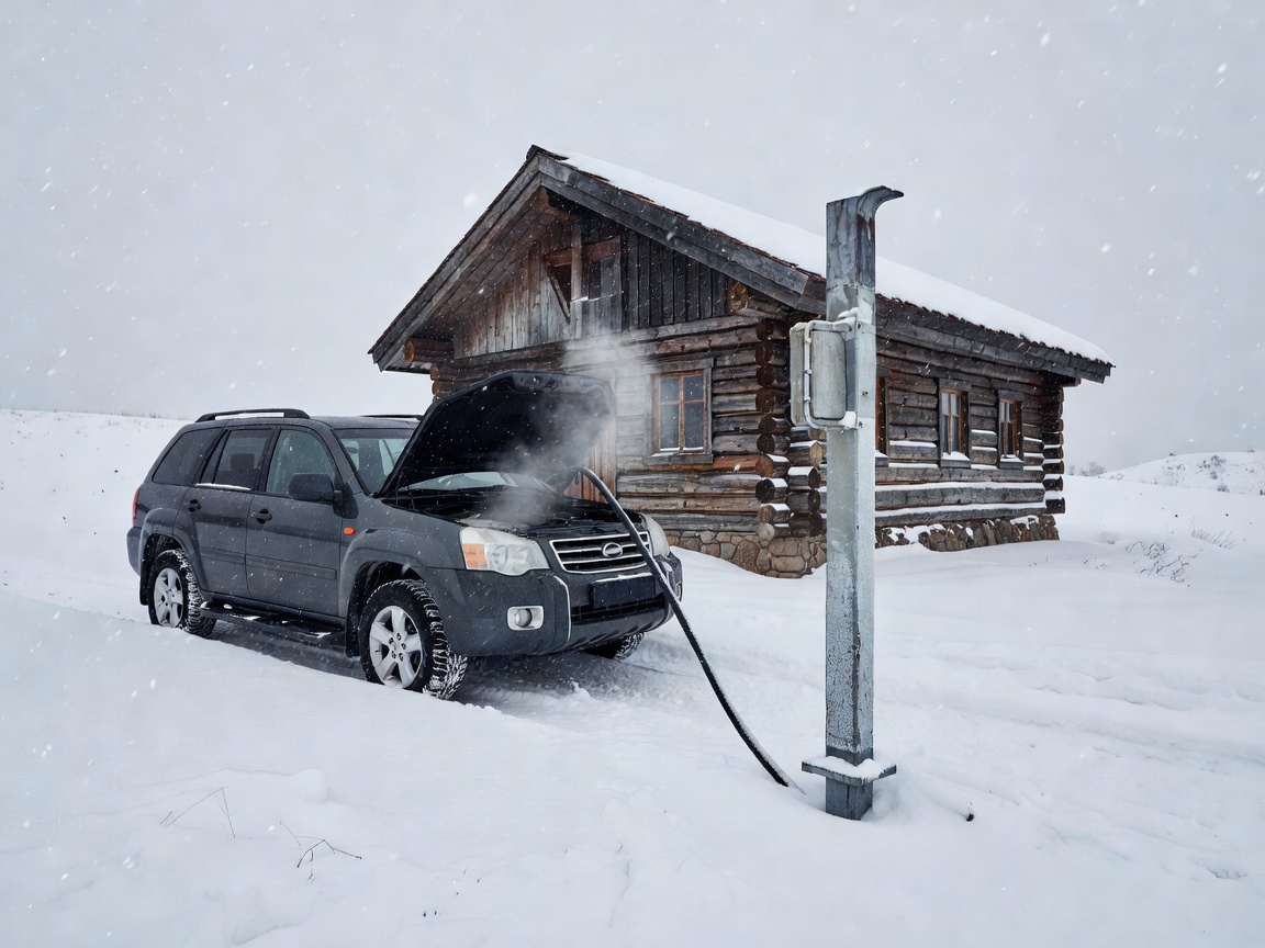 Rental vehicle plugged into an electrical heating post outside a snowy cabin