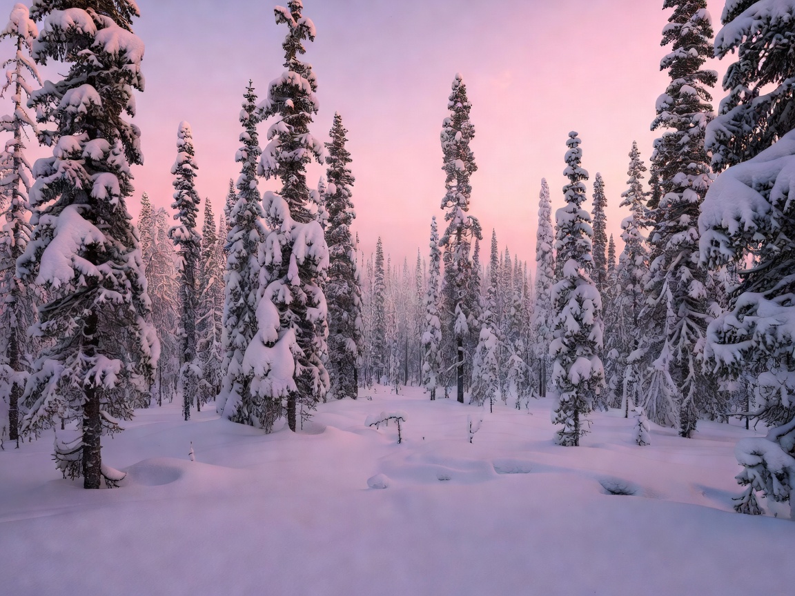 Snow-draped boreal spruce forest bathed in pink polar twilight