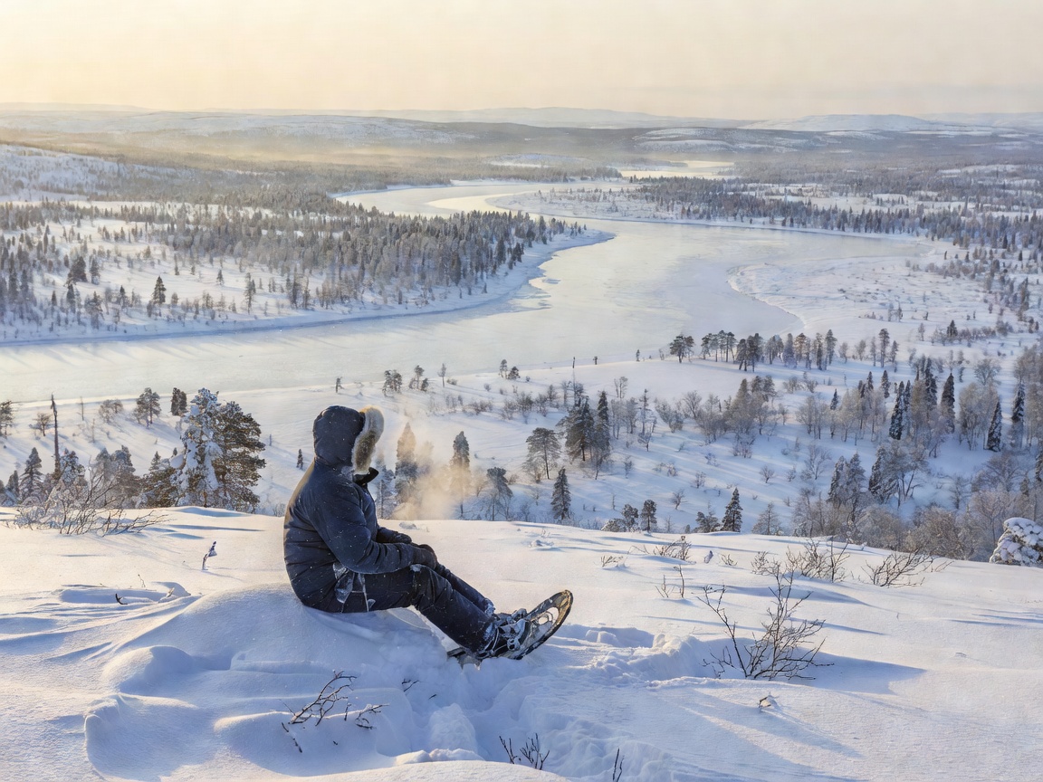 Snowshoe hiker resting on a ridge overlooking a vast frozen valley in Finnish Lapland