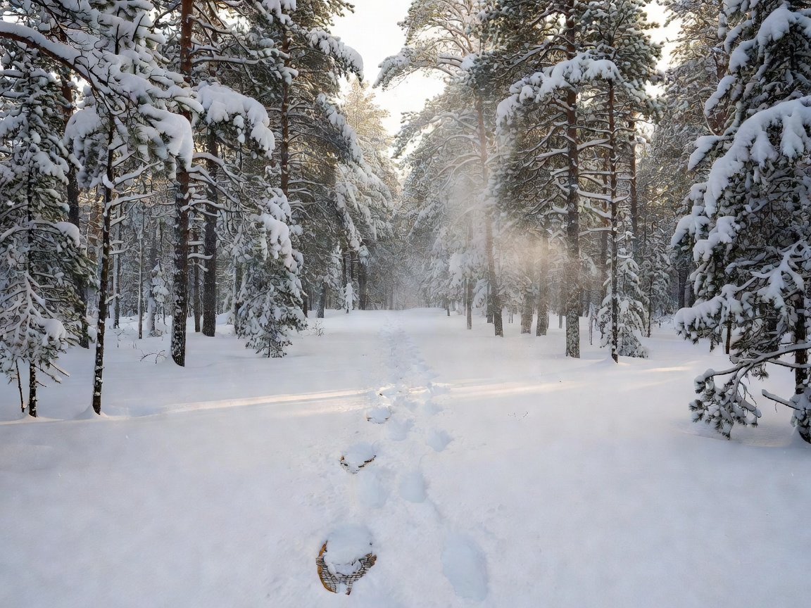 Snowshoe tracks leading between snow-laden pine trees under soft morning light