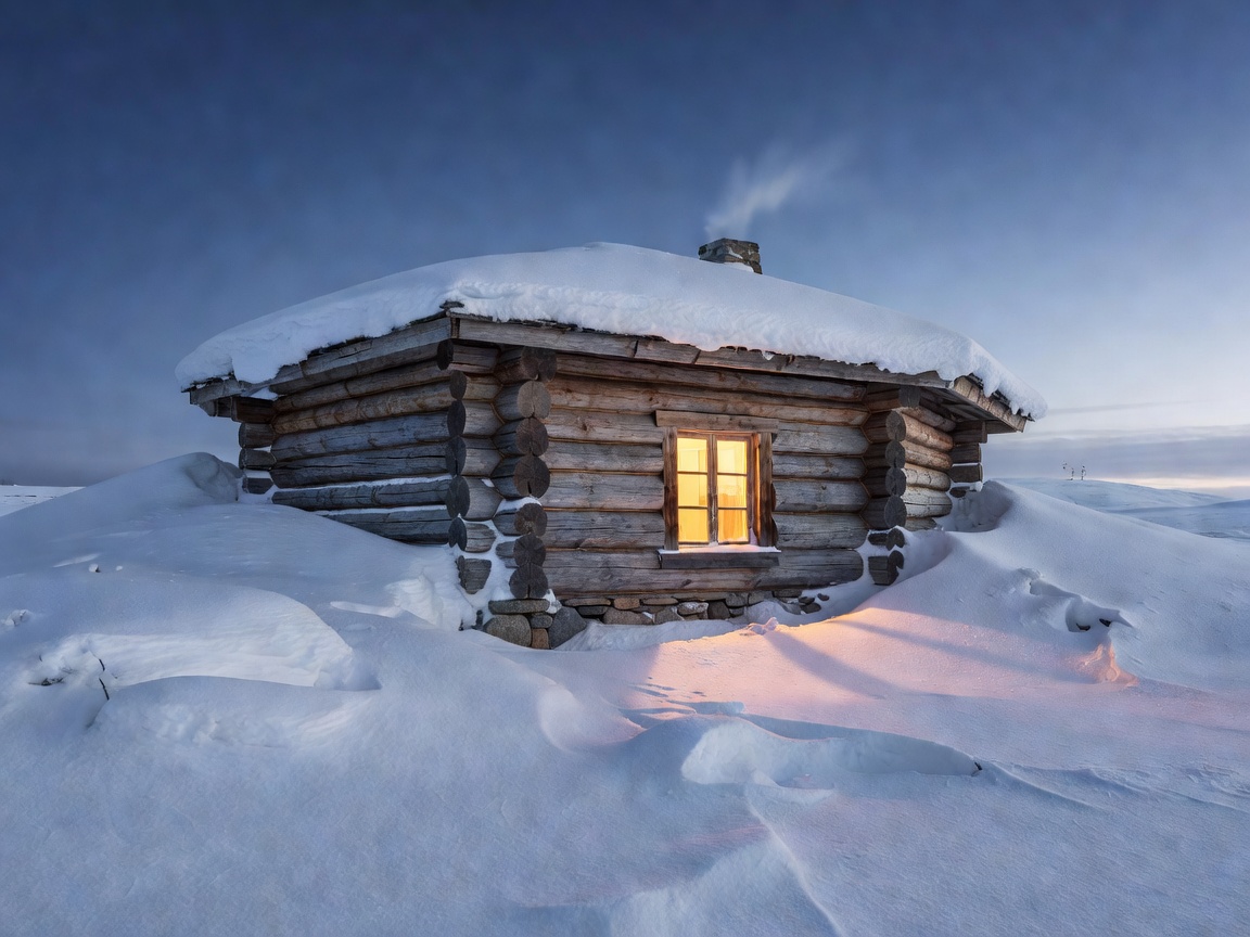 Traditional hand-hewn round-log cabin with warm glowing window in deep snow