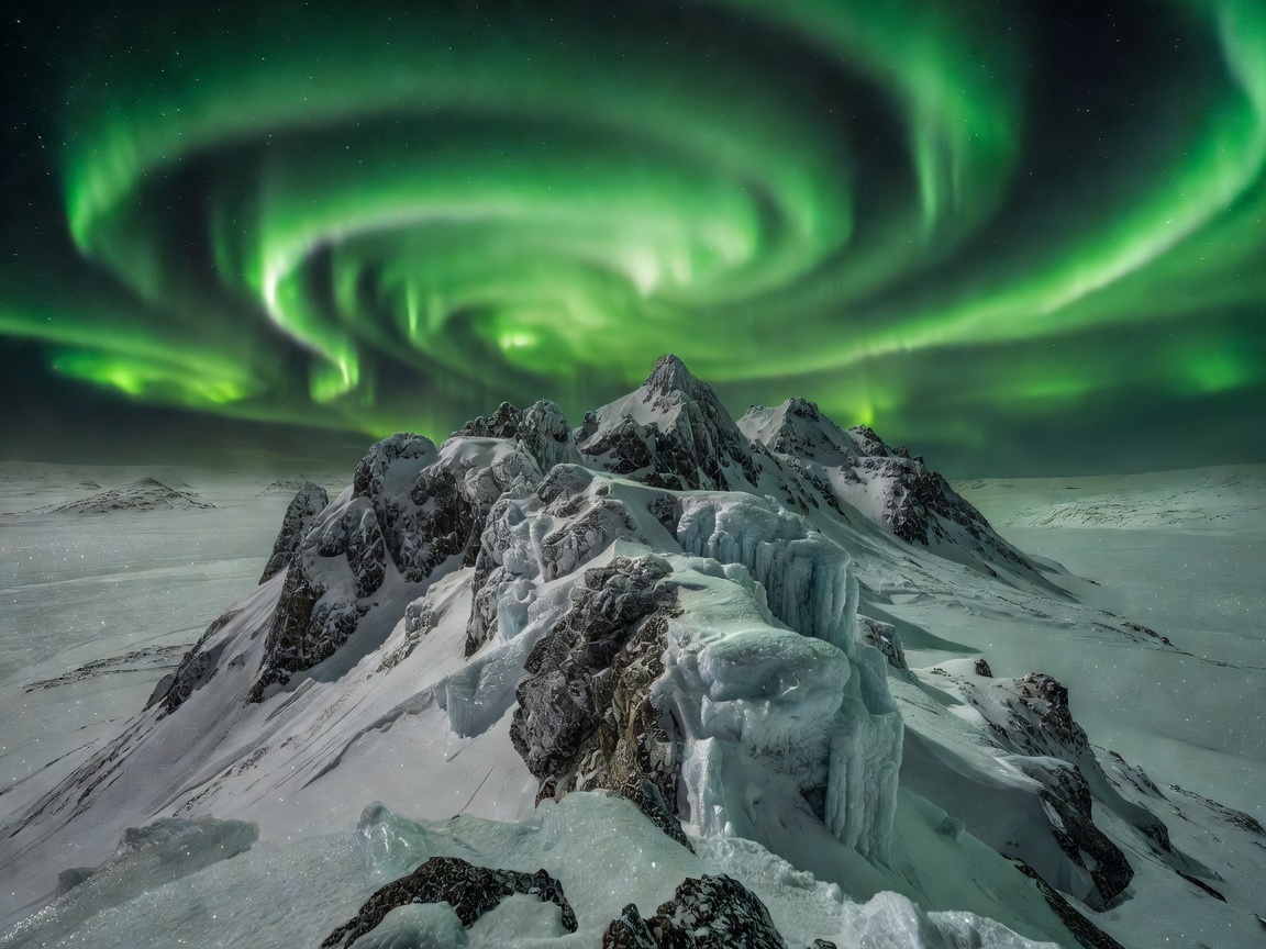 Vibrant green aurora curtains rippling over a frozen Arctic mountain ridge