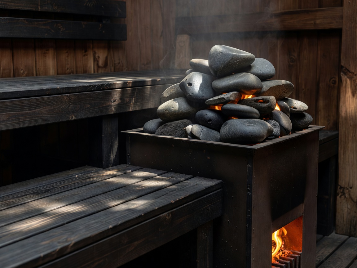 Wood-fired sauna bench with dark thermal wood and basalt stones piled high on a heater