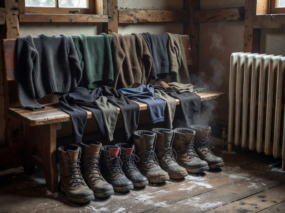 Woolen mid-layers, thermal gear and sturdy winter boots drying near an entryway bench